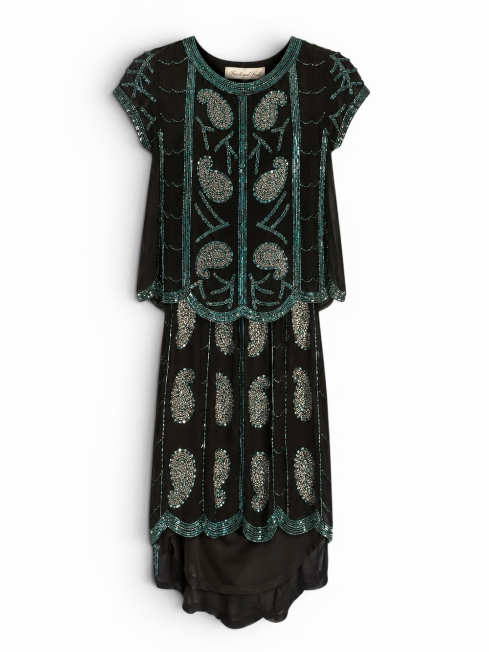 Frock & Frill Art Deco Beaded High-Low Dress Black Teal Silver Size 2